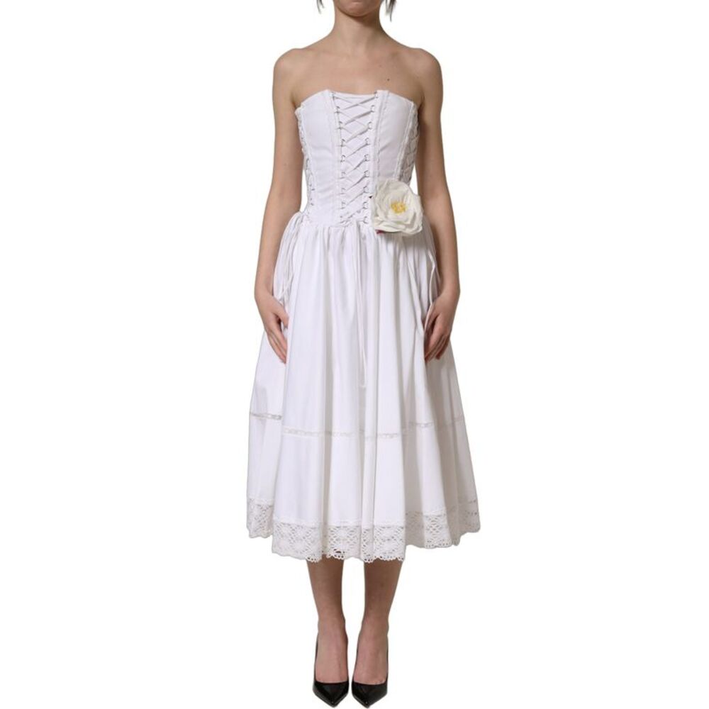 Dolce & Gabbana White Cotton Gabardine Bustier Midi Women's Dress